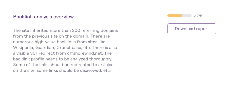 textual example of a backlinks analysis from an Investors Club affiliate website listing