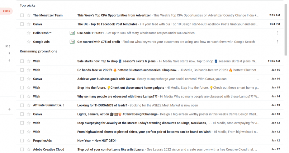 Screenshot of a Gmail inbox full of spam