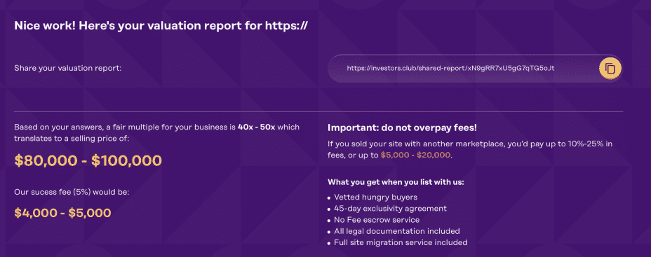 valuation tool results